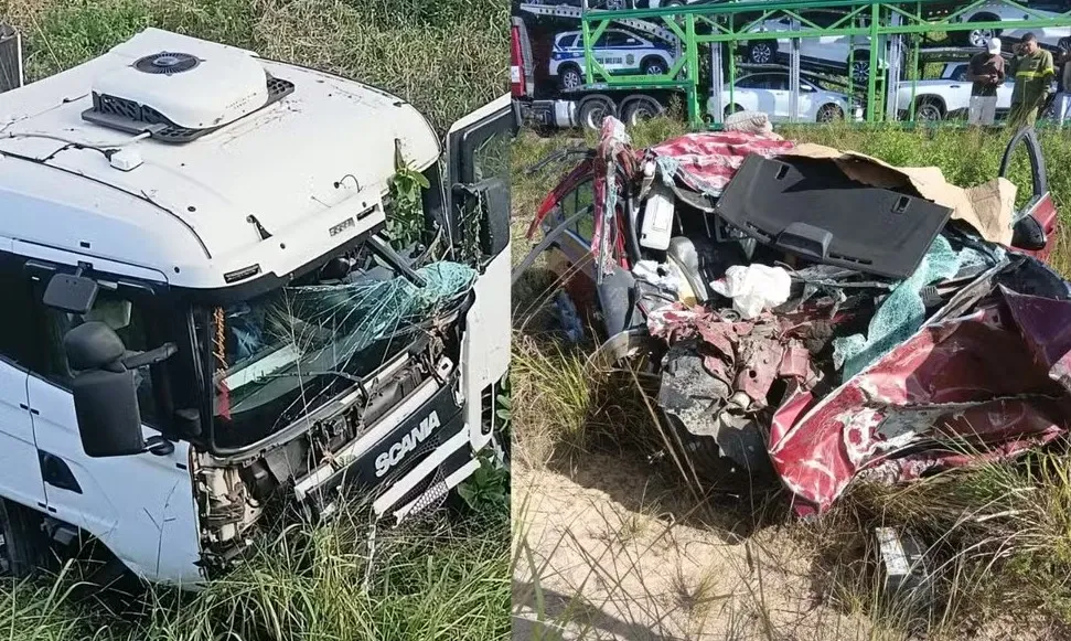Colisão frontal entre carreta e carro deixa motorista preso às ferragens na BR-101 entre Alagoinhas e Pedrão